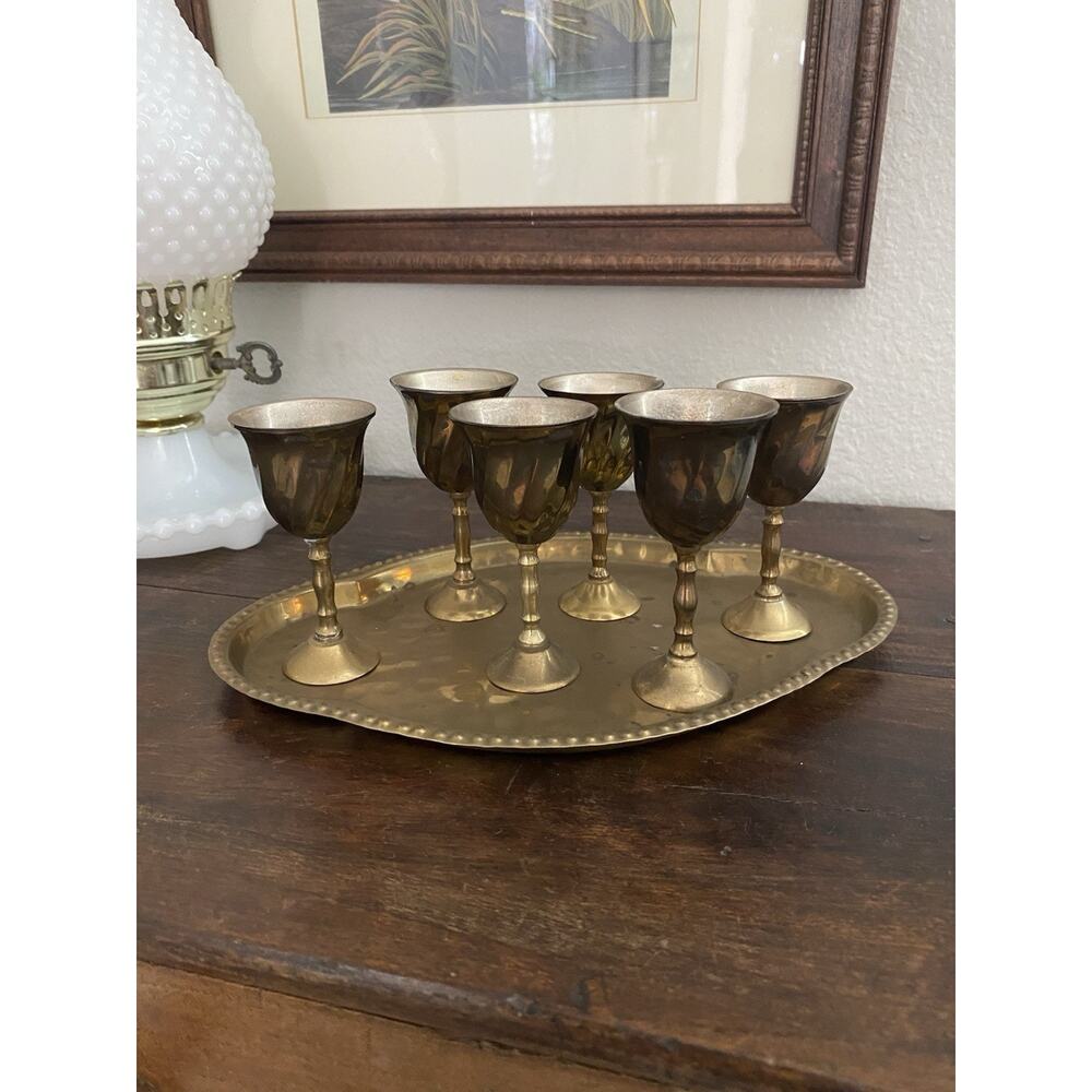 Vintage Midcentury Brass Serving Tray Cordial Goblets Vintage Barware MCM